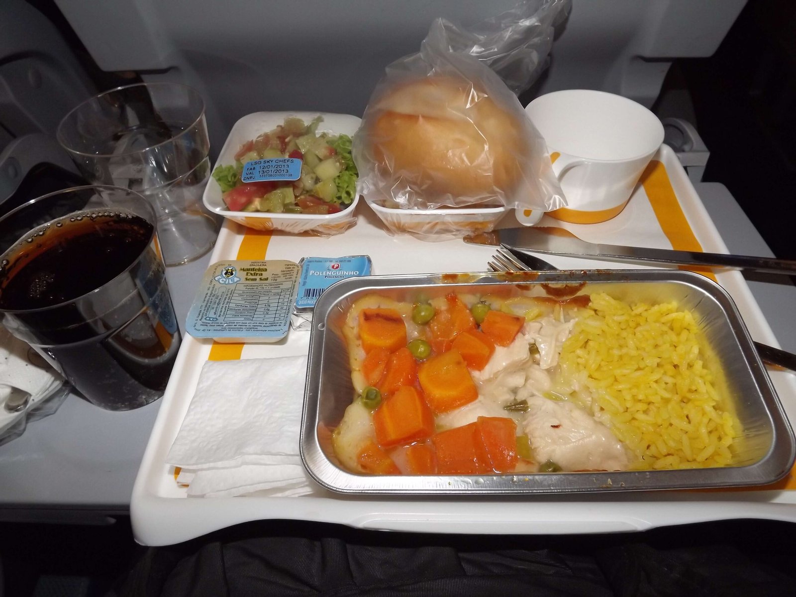 comida do jantar no avião